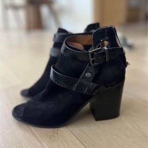 Black heeled booties with open toe